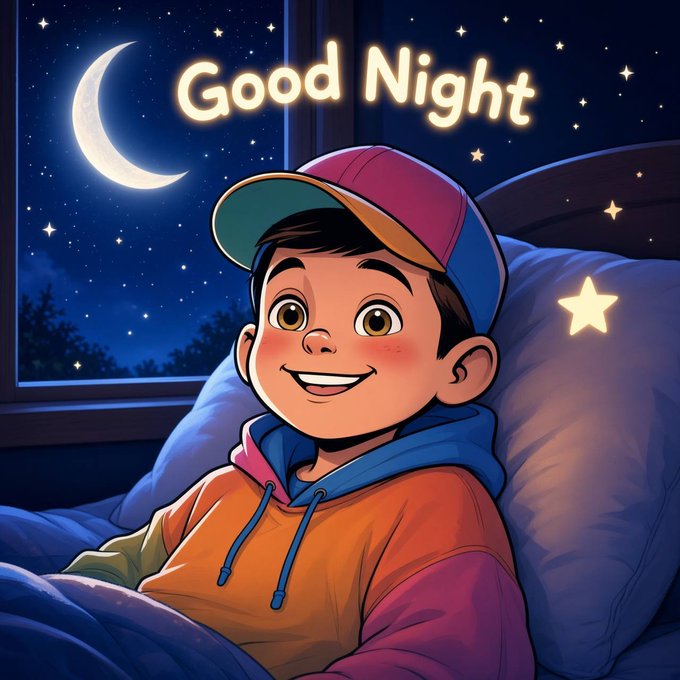 A cartoon illustration of a smiling boy wearing a colorful cap and hoodie, lying in bed at night under a window showing a crescent moon and stars; glowing text reads 'Good Night'.