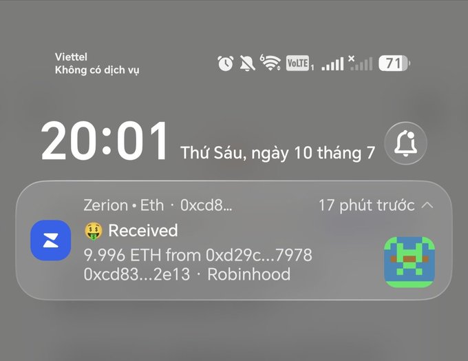 An iPhone lock screen notification from ZERION showing 'Received 9.999 ETH from 0xd29c...7978' with a money-mouth emoji, dated Friday, July 10 at 20:01 on a Viettel network.