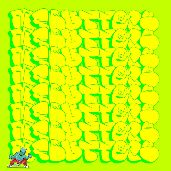 A repeating graffiti-style pattern of the word 'TRUSTEEZ' in bright yellow-green text on a lighter green background, with a small cartoon figure in the corner.