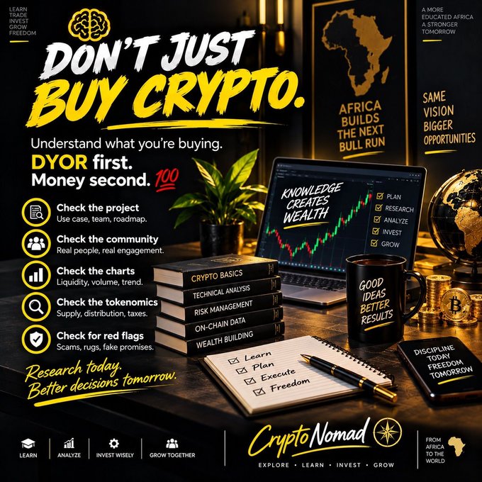 A promotional poster for 'Crypto Nomad' titled 'DON'T JUST BUY CRYPTO' encourages viewers to 'Understand what you're buying. DYOR first.' and features a checklist of research tips next to books, a laptop showing a chart, and a Bitcoin mug.