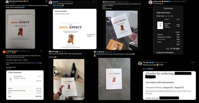 A collage of screenshots showing social media posts and order summaries related to a book titled "SDOG EFFECT", including shipping details and delivery dates.