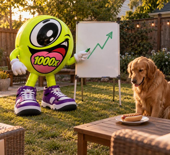 A whimsical 3D illustration features a green smiley face character wearing purple sneakers and a '1000x' mouth standing next to an easel showing a green upward arrow, with a golden retriever and a hot dog nearby in a backyard setting.
