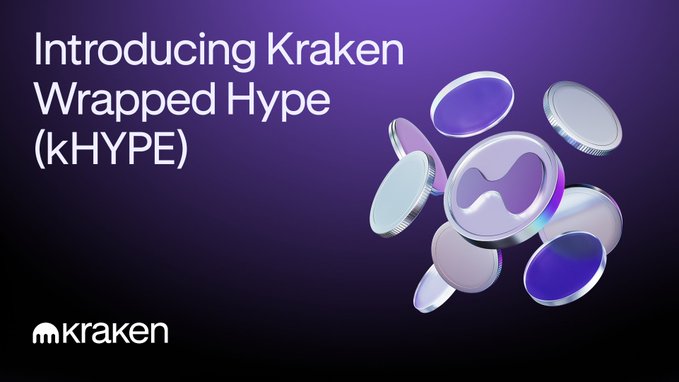 Promotional graphic for Kraken cryptocurrency exchange introducing 'Kraken Wrapped Hype (kHYPE)' featuring the Kraken logo and metallic coin imagery on a purple gradient background.