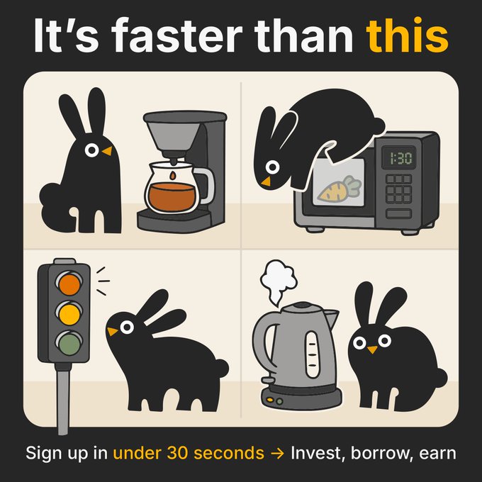 The image features a cartoon rabbit sitting at an intersection with traffic lights above him. The rabbit has four traffic lights positioned above his head, each displaying different colors - red, yellow, green, and blue. Below the rabbit, there are four images of various kitchen appliances such as a coffee maker, microwave oven, kettle, and toaster. These images show the rabbit interacting with these appliances in a cartoon-like manner. The text at the bottom of the image reads: "It's faster than this Sign up for under 30 seconds - Invest, borrow, earn."