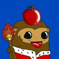 Digital sticker/illustration of a cute brown sloth character wearing a king's crown, holding a torch with flame, with a red apple on its head, on a blue background.