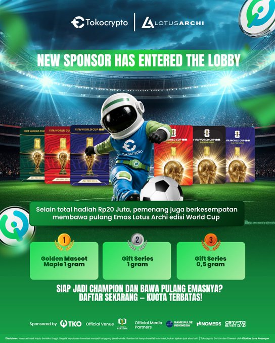 The image is a promotional poster for the Tokocrypto Soccer Cup, featuring an astronaut mascot kicking a soccer ball with FIFA World Cup trophies displayed in the background. It announces Lotus Archi as a new sponsor, highlighting a Rp20 million prize pool plus Lotus Archi gold prizes (1 gram Golden Mascot Maple for 1st place, 1 gram Gift Series for 2nd, and 0.5 gram Gift Series for 3rd), directly matching the post's details.