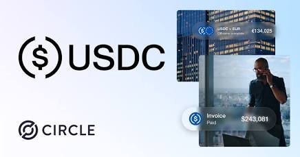 A promotional graphic for USDC by Circle, featuring the USDC logo and examples of payroll invoices in USDC and EURC with amounts like €134,025 and $243,081.