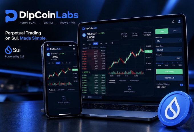 A promotional image for DipCoinLabs perpetual trading platform on Sui, displaying trading interfaces on both a laptop and smartphone with the Sui logo and the tagline 'Perpetual Trading on Sui. Made Simple.'