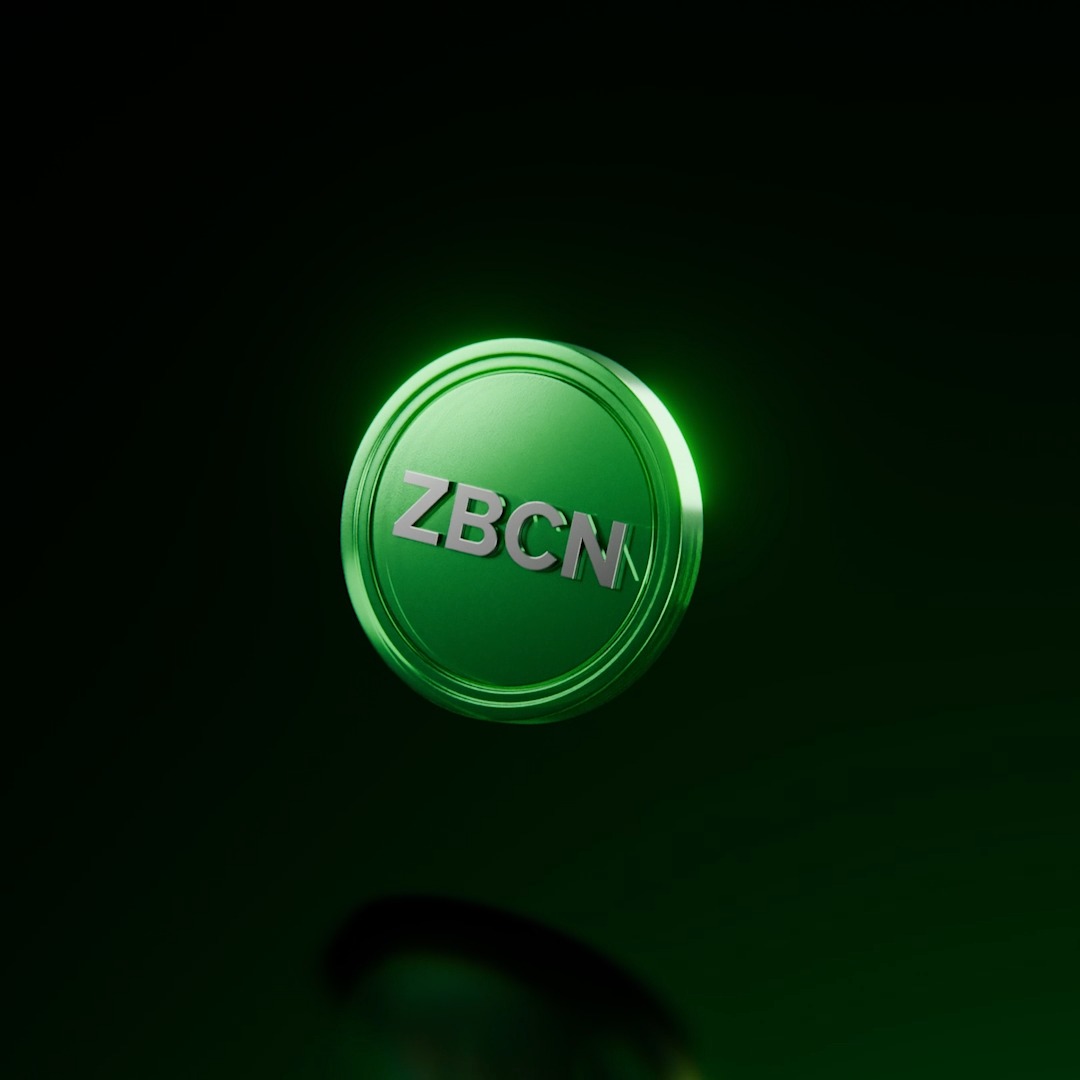 A glowing green token or coin featuring the "ZBCN" logo floats against a dark background, visually representing the $ZBCN cryptocurrency mentioned in the accompanying post about its recent price surge and trading volume increase.