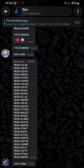 A Telegram chat shows a user named 'brutal.sui' posting numerous Blast.fun codes with the message 'use codes'.