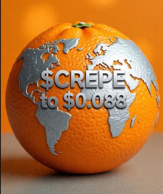 The image features a large orange with a silver globe design on top of it. The text "$CREPE" is written above the orange, indicating that the coin is being kicked off soon. The background color is orange, which complements the orange fruit and the silver globe design. The post also mentions that the coin is from BNB Chain, suggesting that it might be related to a financial product or service.