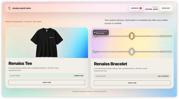 A screenshot of the Renais merch store showing two private edition items: a 'Renaiss Tee' (claim form submitted, 40 SBT access requirement) and a 'Renais Bracelet' (claim not started, 100 SBT access requirement), with a connected wallet address displayed.