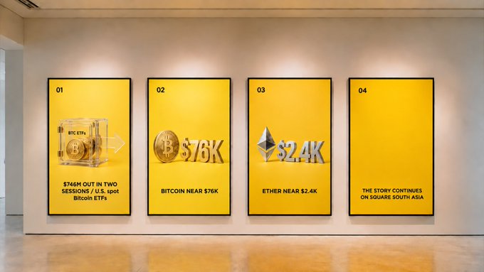 A gallery display of four yellow posters titled 'Square South Asia', announcing '$746M OUT IN TWO SESSIONS / U.S. spot Bitcoin ETFs', 'BITCOIN NEAR $76K', 'ETHER NEAR $2.4K', and 'THE STORY CONTINUES ON SQUARE SOUTH ASIA'.