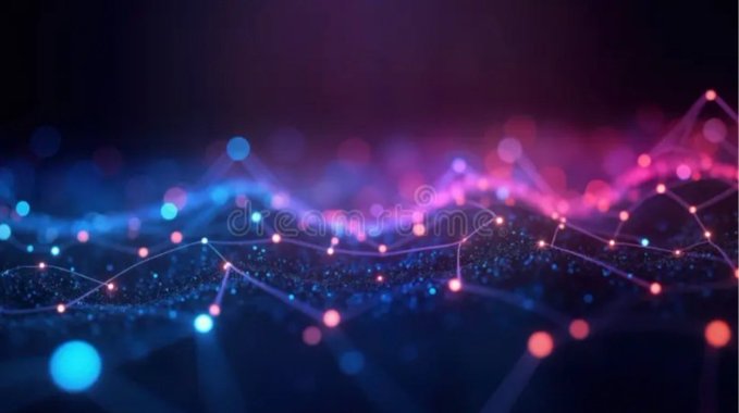 An abstract digital background featuring glowing pink and blue particle dots connected by lines against a dark background, with a Dreamstime watermark.