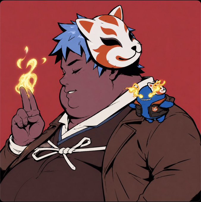 An anime-style illustration depicts a person with blue hair wearing a kitsune mask and a brown coat, with a small blue fox character perched on their shoulder, while flames float near their hand against a red background.