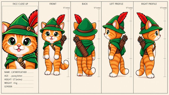 A character reference sheet showing 'CATWIFFEATHER', a young orange kitten wearing a green Robin Hood-style hat and scarf, with a height of 12 inches and weight of 4 kg, depicted in front, back, and profile views.