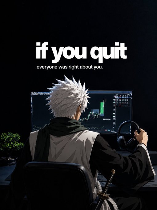 An anime-style illustration of a white-haired character looking at a trading screen with a green candlestick chart, accompanied by the text 'if you quit everyone was right about you.'