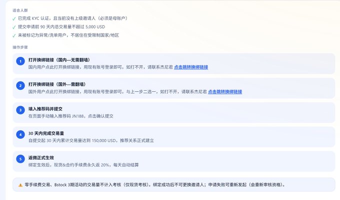 Chinese-language tutorial outlining steps for OKX exchange link binding and contract interaction, requiring KYC, 90-day history of 5,000 USD trading, and 30-day volume of 150,000 USD.