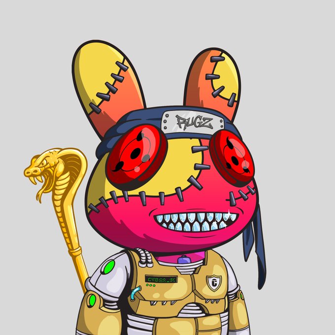 A colorful illustration of a stitched-up rabbit character wearing a ninja headband labeled "BUGZ," red button eyes, and a tactical vest holding a golden cobra staff.