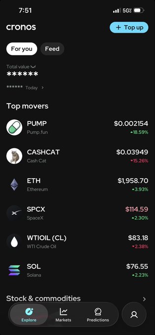 The image shows a screenshot of the Cronos app in beta, displaying a "For you" feed with top movers including PUMP ($0.002154, +15.59%), CASHCAT ($0.03949, +15.26%), and ETH ($1,958.70, +3.93%). This aligns with the user's post about starting beta use of the new @CronosApp, as the screenshot showcases the app's market tracking and portfolio interface.