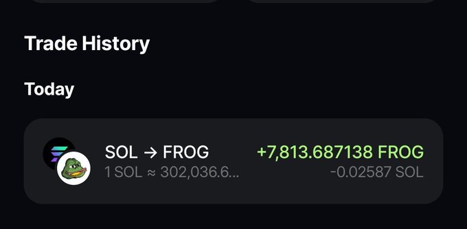 A crypto trade history screen showing a swap from SOL to FROG, receiving +7,813.687138 FROG (approximately 0.02587 SOL, with 1 SOL ≈ 302,036.6).