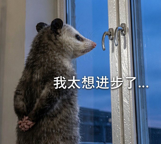 A possum stands on its hind legs peering through a window, with Chinese text reading '我太想进步了...' (I really want to make progress).