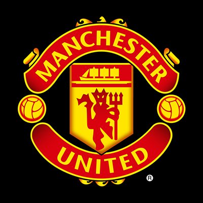 The image shows the Manchester United football club crest, featuring the iconic red and yellow shield with a devil holding a trident, a ship at the top, and the words "MANCHESTER UNITED" on banners above and below, flanked by two footballs.

The post references Manchester United, the English football club, aligning with the logo shown in support of their match.