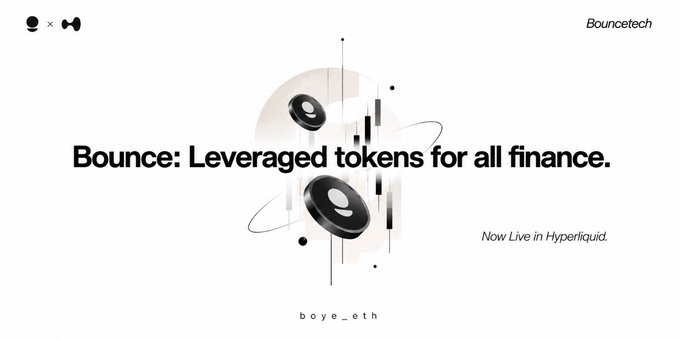 A promotional graphic for 'Bounce: Leveraged tokens for all finance' with the tagline 'Now Live in Hyperliquid' and the website 'boyc_eth' shown at the bottom.