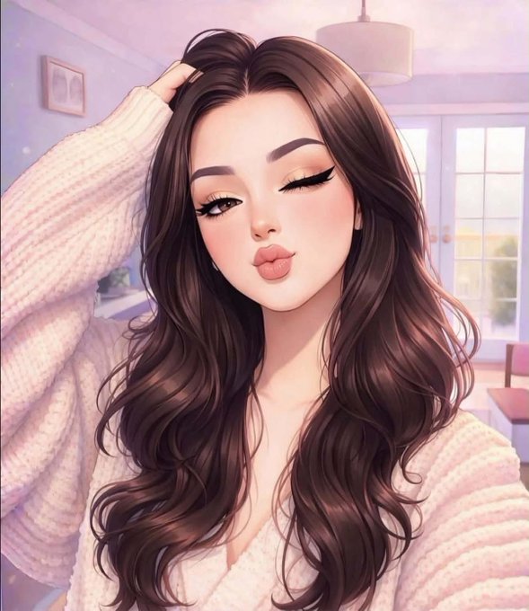 A digital illustration of a young woman with long wavy brown hair, wearing a white knit sweater, with her eyes closed in a soft pink-toned room.