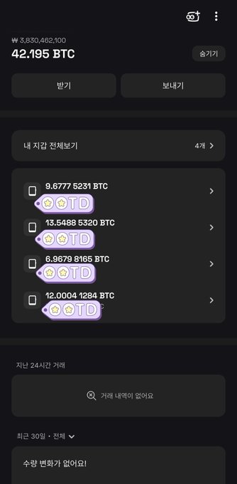 The image shows a cryptocurrency wallet display with a balance of 42.195 BTC (worth ₩3,830,462,100), featuring four hidden "내 지금 잔액보기" (View My Current Balance) entries with star-emoji masked seed phrases and no recent transactions or changes in the last 24 hours—visually emphasizing the poster's pride in their handwritten, manually-generated mnemonic seed kept secure from digital exposure.