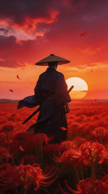 The image features an Asian man dressed in traditional clothing holding a sword while standing in front of a field filled with red flowers, possibly at sunset. The scene suggests that he might be a warrior or a soldier from an ancient culture who is on a mission or preparing for battle. The presence of the sword and his attire indicate that he is well-equipped for combat or a historical event.