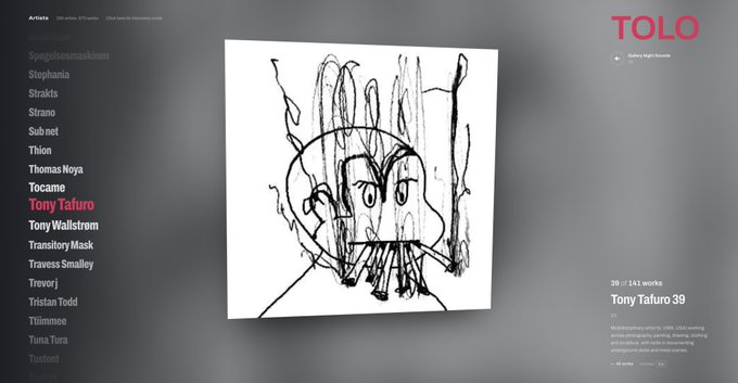 An artist profile page on the TOLO digital art platform, highlighting artist 'Tony Tafuro 39' with a sketch of an expressive figure displayed alongside a list of other artists.