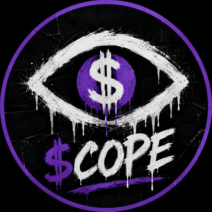 A graffiti-style logo featuring a white eye with a purple iris containing a dollar sign, with the text '$COPE' below in purple and white.