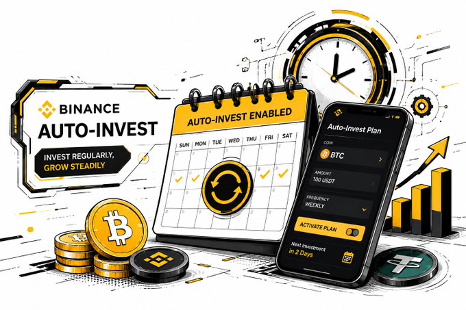 The image is a promotional graphic for "BINANCE AUTO-INVEST," featuring the tagline "INVEST REGULARLY, GROW STEADILY." It depicts a smartphone app interface showing an "Auto-Invest Plan" for 100 USDT in BTC (Bitcoin) on a weekly frequency, alongside a calendar marked "AUTO-INVEST ENABLED," a clock, and growing bar charts with Bitcoin and Tether (USDT) coins. This visual reinforces the post's message of using automated accumulation strategies to reduce stress and let the market work for you, rather than constantly watching charts.