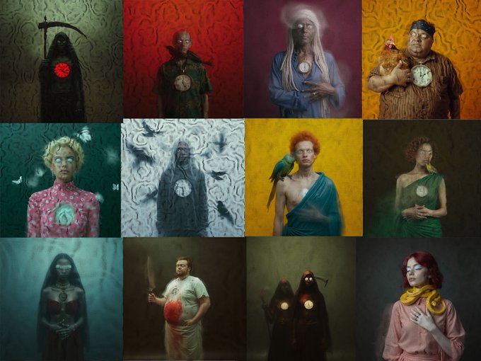 A 3x4 grid of surreal portrait photographs featuring various subjects, many holding or wearing pocket watches, with stylized colored backgrounds.