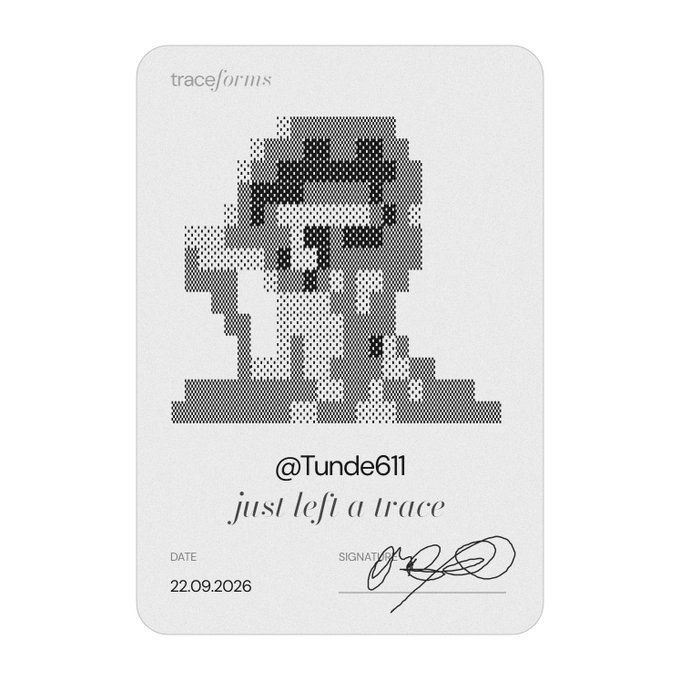 A minimalist art card titled 'traceforms' featuring a pixelated, halftone-style image of a figure, with the text '@Tunde611 just left a trace' and a date of 22.09.2026.