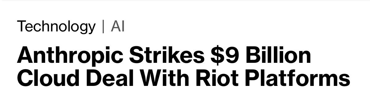 A news headline reads "Anthropic Strikes $9 Billion Cloud Deal With Riot Platforms" under a "Technology | AI" category tag, highlighting how Bitcoin miner Riot Platforms (RIOT) is pivoting its infrastructure—factory buildings and power capacity—toward large-scale AI cloud computing contracts, with the post noting similar opportunities in peers like IREN, CORZ, APLD, and CIFR.