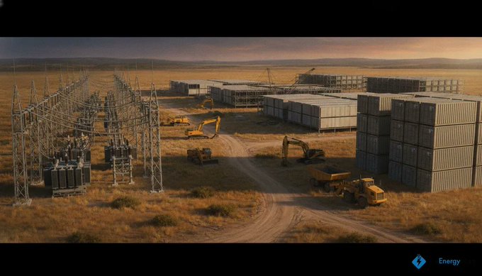 A wide landscape view of an industrial energy site at sunset, showing electrical substation equipment, shipping containers, excavators, and a dump truck in an arid plain, with an "Energy" logo in the corner.