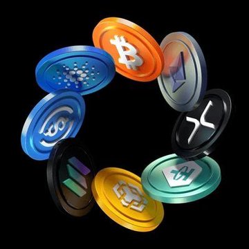 A circular arrangement of various 3D cryptocurrency coins, including Bitcoin, Cardano, and others, floating against a black background.