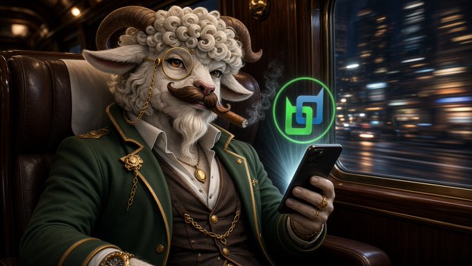 A sophisticated anthropomorphic ram in a green suit smokes a cigar while browsing on his phone inside a moving train, with a glowing "bd" Beldex logo beside him, visually capturing the post's theme of using BelNet and Beldex Browser for private, seamless browsing.