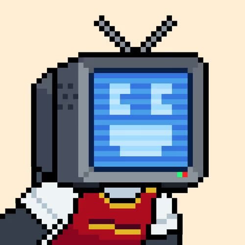 A pixel art illustration of a character with a television set for a head displaying a simple smiling expression, wearing a red and yellow outfit with antennae on top.