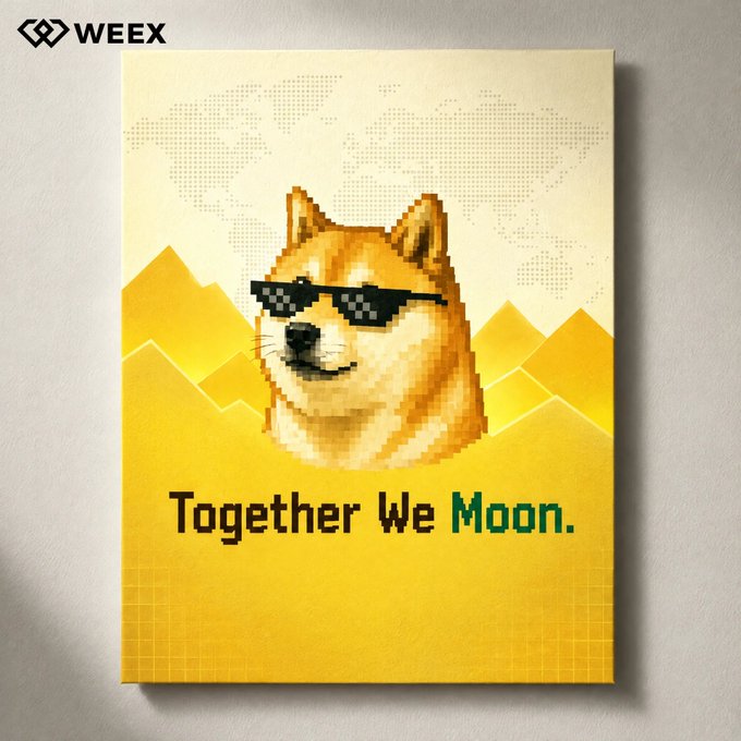 A pixel-art poster features a Shiba Inu dog (Doge) wearing "deal with it" sunglasses against a yellow background with a world map and mountains, with the text "Together We Moon." and a WEEX logo in the corner, humorously visualizing the crypto community's rallying cry to send a coin "to the moon."