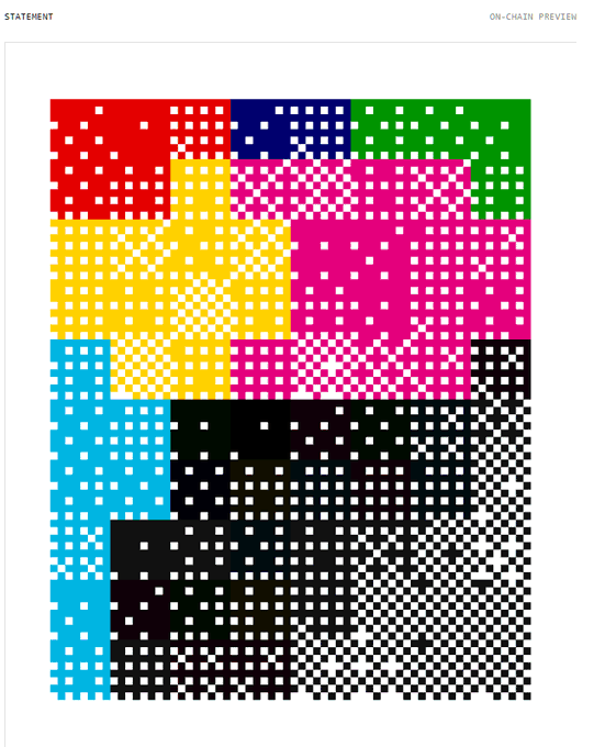 A digital on-chain preview artwork featuring a grid of colorful pixels (red, blue, green, yellow, pink, cyan, black) that form abstract pixelated shapes.