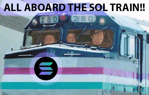 The image features a train with three people inside, all of whom are wearing glasses. The text above the photo reads "All aboard the Sol Train!". Below this, there's a logo for the cryptocurrency Solana that says "Solana is my family Blockchain".
