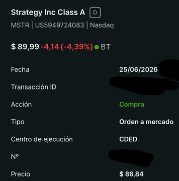 A trading app screenshot showing details for 'Strategy Inc Class A' (MSTR) on Nasdaq, with a price of $89.99, down -4.14 (-4.39%), showing a buy ('Compra') market order executed at CDED at a price of $86.84.