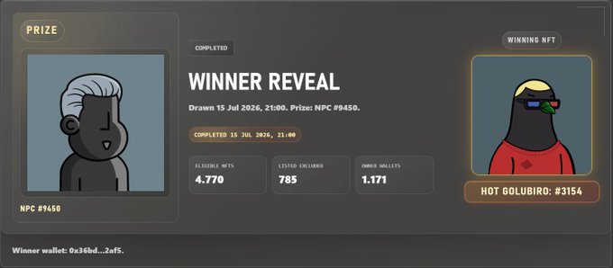 A 'WINNER REVEAL' screen showing NFT #9450 with stats (4,770 eligible NFTs, 785 listed/excluded, 1,171 owner wallets) and a 'HOT GOLUBIRO: #3154' NFT on the right.