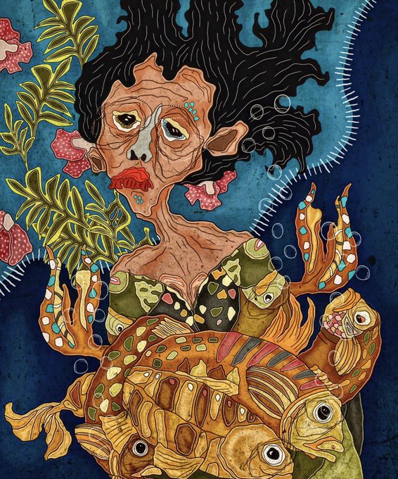 A colorful, surreal illustration depicts a woman with wild black hair and fish-like features, blending human and aquatic elements.
