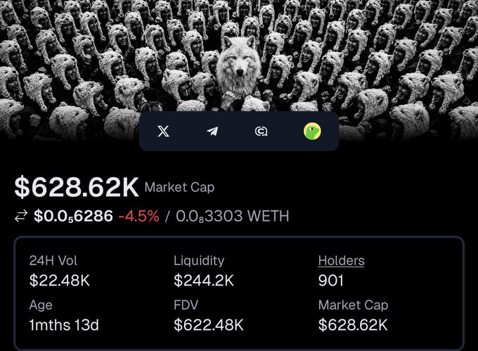 A meme coin token page featuring a wolf pack artwork with a $628.62K market cap, 901 holders, and pricing of $0.6286 (down 4.5%) / 0.3303 WETH.