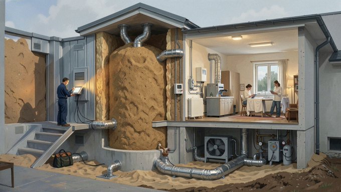 A detailed cross-section illustration of a house showing a sand-based geothermal or thermal energy system, with a technician operating equipment and a family inside the home.