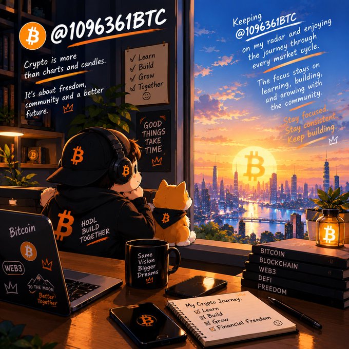 An anime-style illustration featuring a Bitcoin enthusiast wearing headphones, with promotional text @1096361BTC and Bitcoin-themed items like mugs, stickers, and books.